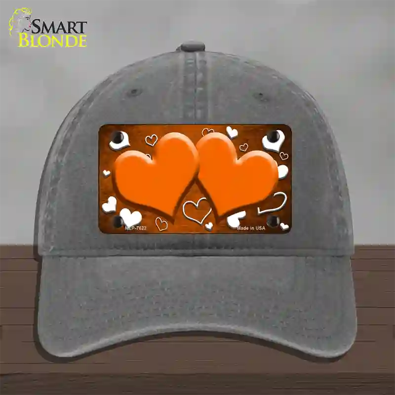 Orange White Love Hearts Oil Rubbed Novelty License Plate Hat Unconstructed Cotton / Charcoal