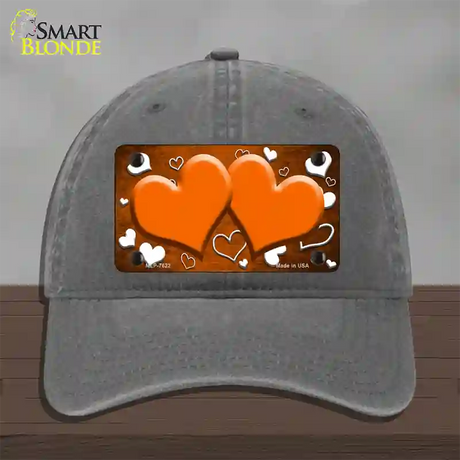 Orange White Love Hearts Oil Rubbed Novelty License Plate Hat Unconstructed Cotton / Charcoal