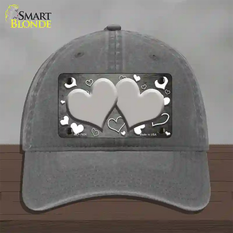 Gray White Love Hearts Oil Rubbed Novelty License Plate Hat Unconstructed Cotton / Charcoal