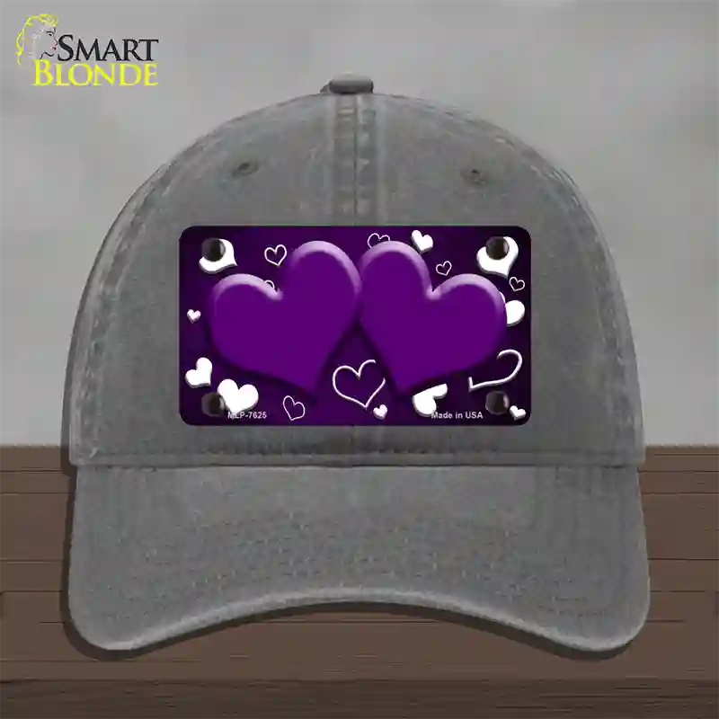 Purple White Love Hearts Oil Rubbed Novelty License Plate Hat Unconstructed Cotton / Charcoal