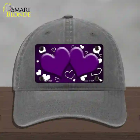 Purple White Love Hearts Oil Rubbed Novelty License Plate Hat Unconstructed Cotton / Charcoal