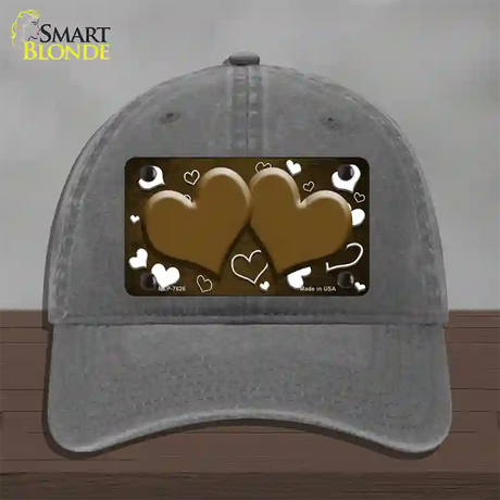 Brown White Love Hearts Oil Rubbed Novelty License Plate Hat Unconstructed Cotton / Charcoal