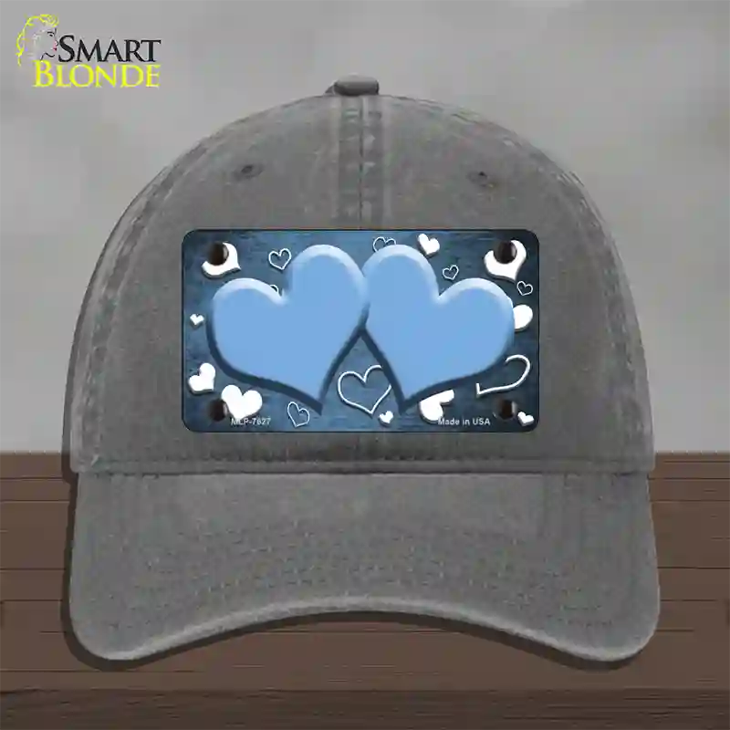 Light Blue White Love Hearts Oil Rubbed Novelty License Plate Hat Unconstructed Cotton / Charcoal