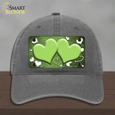 Lime Green White Love Hearts Oil Rubbed Novelty License Plate Hat Unconstructed Cotton / Charcoal