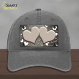 Tan White Love Hearts Oil Rubbed Novelty License Plate Hat Unconstructed Cotton / Charcoal