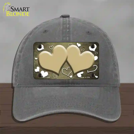 Gold White Love Hearts Oil Rubbed Novelty License Plate Hat Unconstructed Cotton / Charcoal