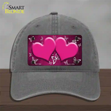 Pink White Hearts Butterfly Oil Rubbed Novelty License Plate Hat Unconstructed Cotton / Charcoal