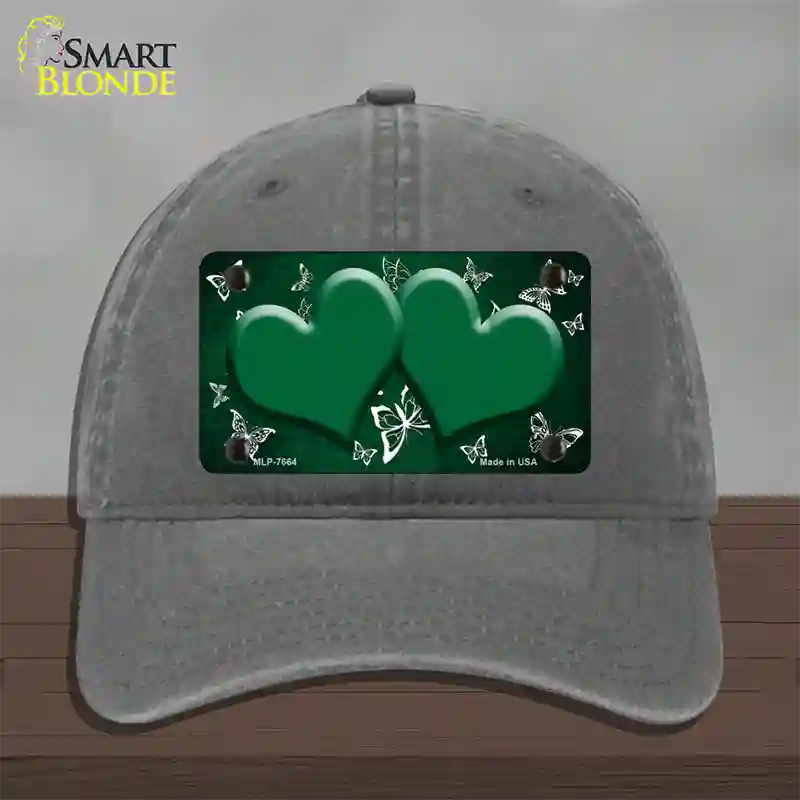 Green White Hearts Butterfly Oil Rubbed Novelty License Plate Hat Unconstructed Cotton / Charcoal