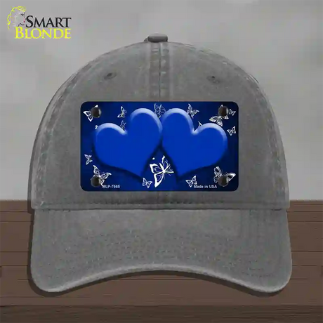 Blue White Hearts Butterfly Oil Rubbed Novelty License Plate Hat Unconstructed Cotton / Charcoal