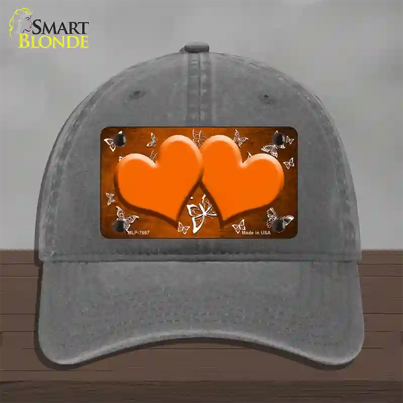 Orange White Hearts Butterfly Oil Rubbed Novelty License Plate Hat Unconstructed Cotton / Charcoal