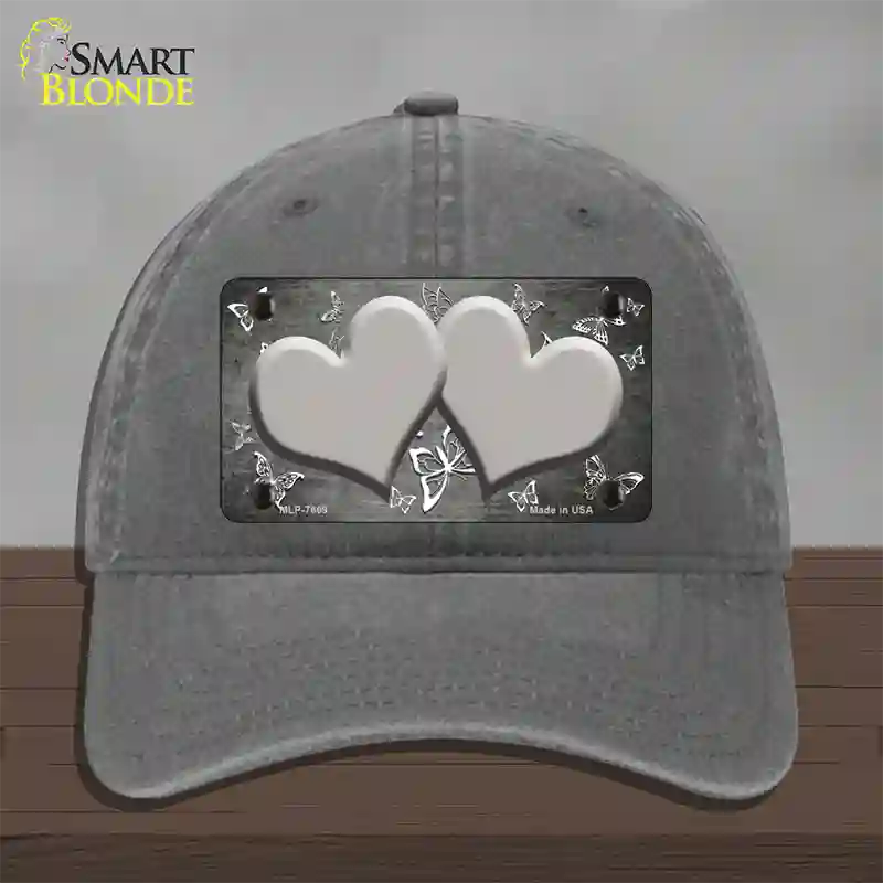 Gray White Hearts Butterfly Oil Rubbed Novelty License Plate Hat Unconstructed Cotton / Charcoal