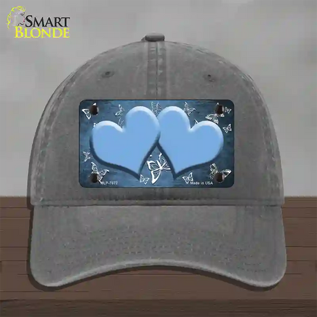 Light Blue White Hearts Butterfly Oil Rubbed Novelty License Plate Hat Unconstructed Cotton / Charcoal