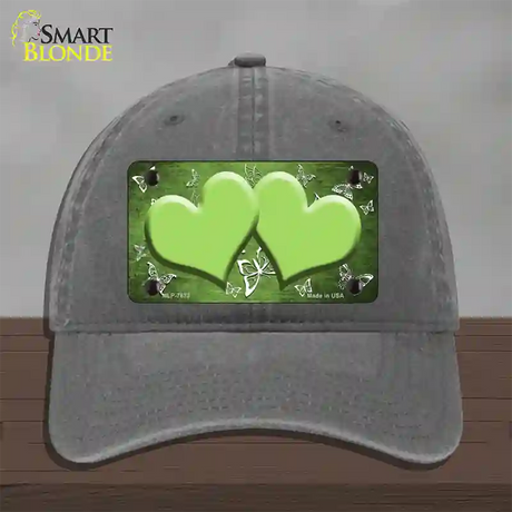 Lime Green White Hearts Butterfly Oil Rubbed Novelty License Plate Hat Unconstructed Cotton / Charcoal