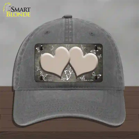 Tan White Hearts Butterfly Oil Rubbed Novelty License Plate Hat Unconstructed Cotton / Charcoal