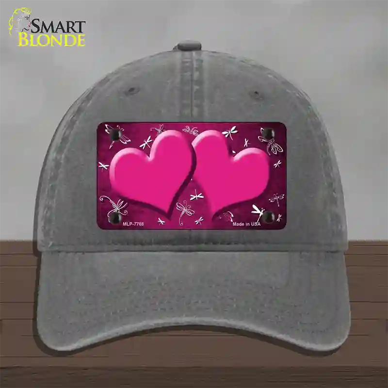 Pink White Dragonfly Hearts Oil Rubbed Novelty License Plate Hat Unconstructed Cotton / Charcoal