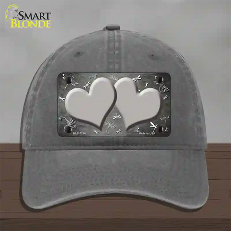 Gray White Dragonfly Hearts Oil Rubbed Novelty License Plate Hat Unconstructed Cotton / Charcoal