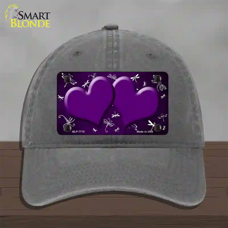 Purple White Dragonfly Hearts Oil Rubbed Novelty License Plate Hat Unconstructed Cotton / Charcoal