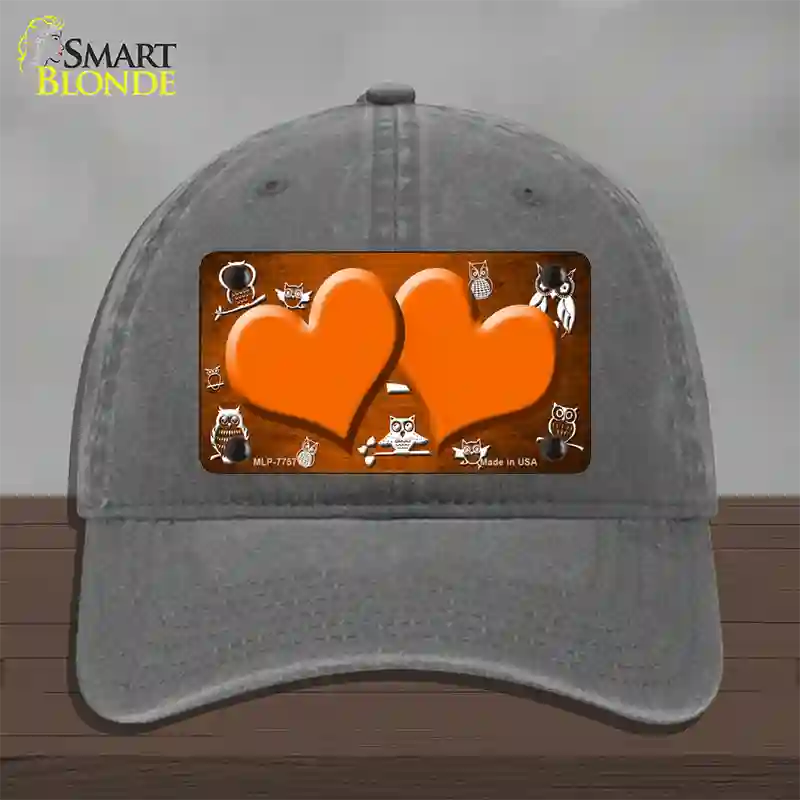 Orange White Owl Hearts Oil Rubbed Novelty License Plate Hat Unconstructed Cotton / Charcoal