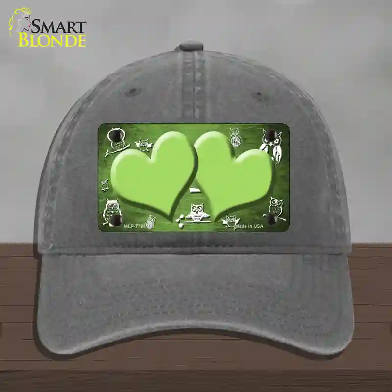 Lime Green White Owl Hearts Oil Rubbed Novelty License Plate Hat Unconstructed Cotton / Charcoal