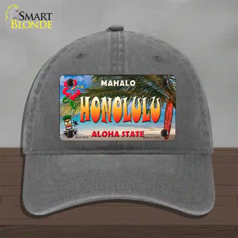 Honolulu Hawaii State Novelty License Plate Hat Unconstructed Cotton / Charcoal