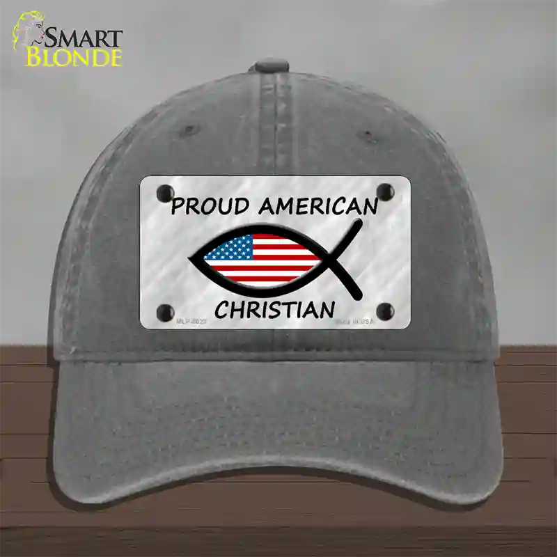 Proud American Christian Novelty License Plate Hat Unconstructed Cotton / Charcoal