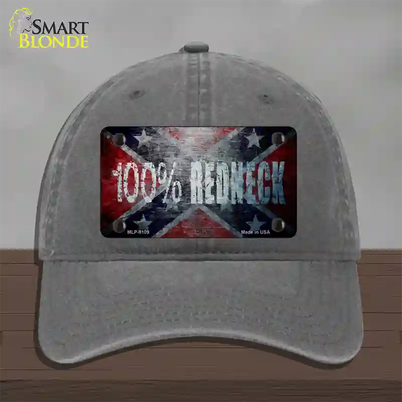 100% Redneck Confederate Novelty License Plate Hat Unconstructed Cotton / Charcoal