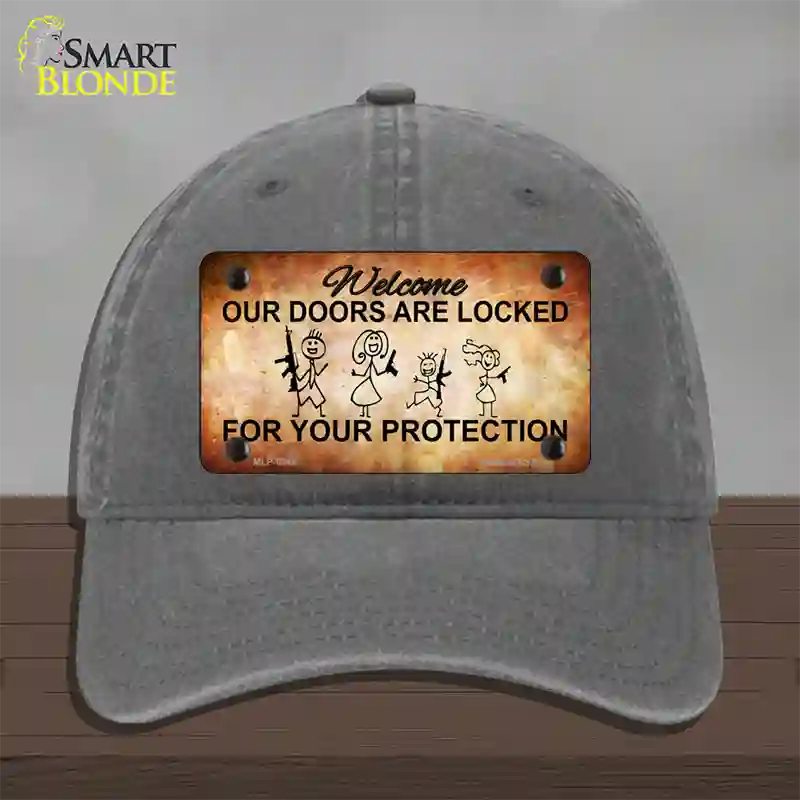 Doors Locked Your Protection Novelty License Plate Hat Unconstructed Cotton / Charcoal