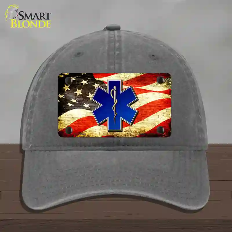 EMT Logo With USA Flag Novelty License Plate Hat Unconstructed Cotton / Charcoal