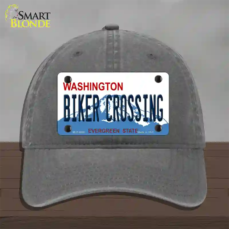 Biker Crossing Washington Novelty License Plate Hat Unconstructed Cotton / Charcoal