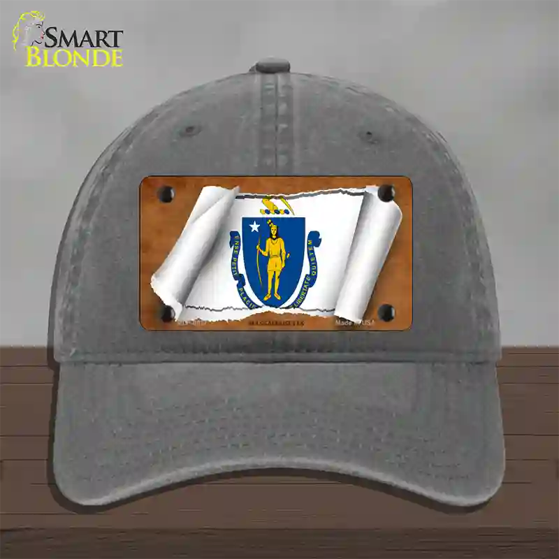 Massachusetts Flag Scroll Novelty License Plate Hat Unconstructed Cotton / Charcoal