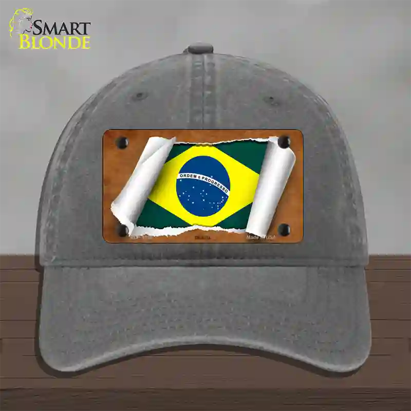 Brazil Flag Scroll Novelty License Plate Hat Unconstructed Cotton / Charcoal