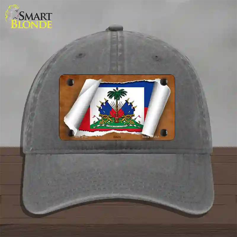 Haiti Flag Scroll Novelty License Plate Hat Unconstructed Cotton / Charcoal