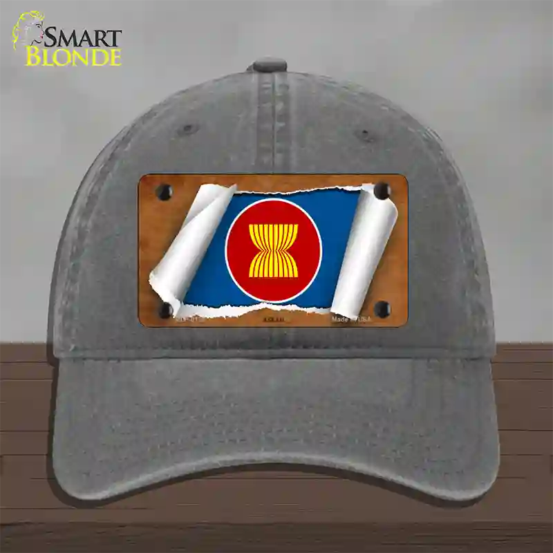 Asean Flag Scroll Novelty License Plate Hat Unconstructed Cotton / Charcoal