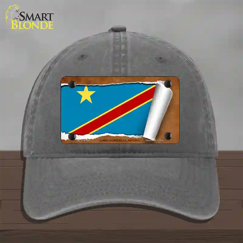 Congo Democratic Republic Flag Scroll Novelty License Plate Hat Unconstructed Cotton / Charcoal