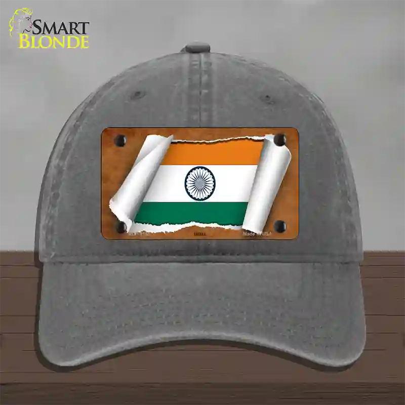 India Flag Scroll Novelty License Plate Hat Unconstructed Cotton / Charcoal