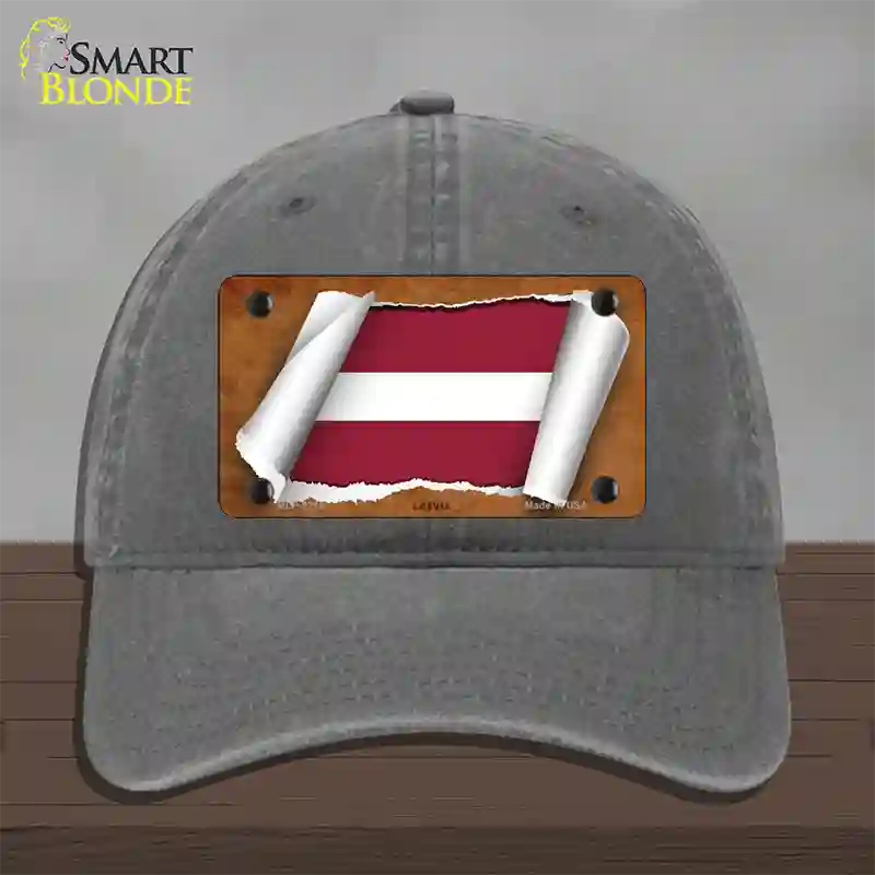 Latvia Flag Scroll Novelty License Plate Hat Unconstructed Cotton / Charcoal