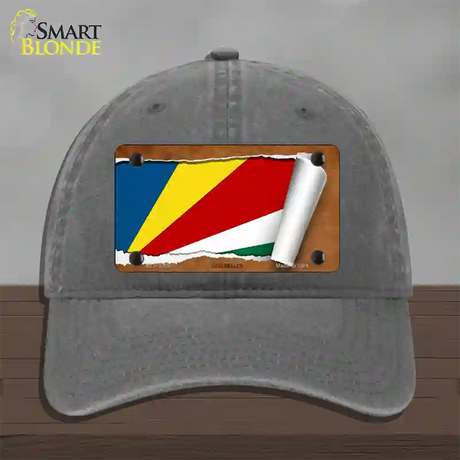 Seychelles Flag Scroll Novelty License Plate Hat Unconstructed Cotton / Charcoal