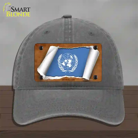 United Nations Flag Scroll Novelty License Plate Hat Unconstructed Cotton / Charcoal