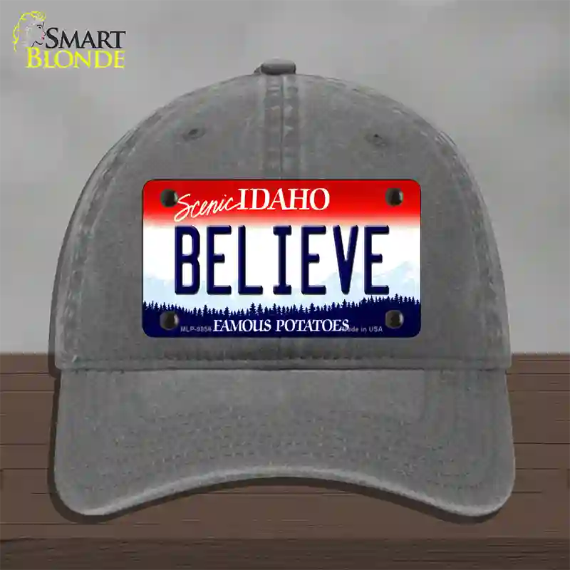 Believe Idaho Novelty License Plate Hat Unconstructed Cotton / Charcoal