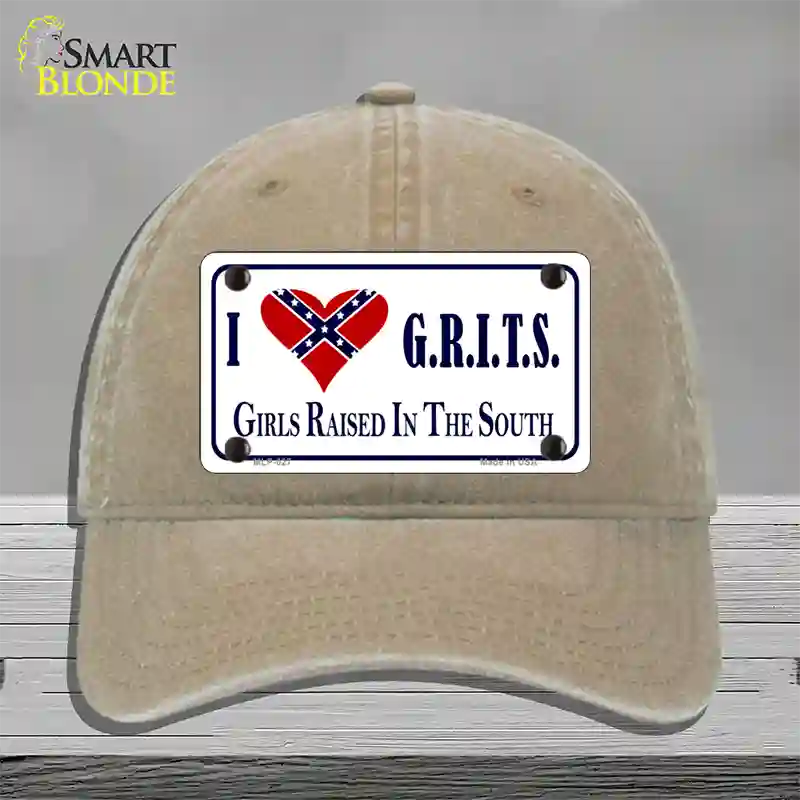 G.R.I.T.S. Confederate Flag Novelty License Plate Hat Unconstructed Cotton / Khaki