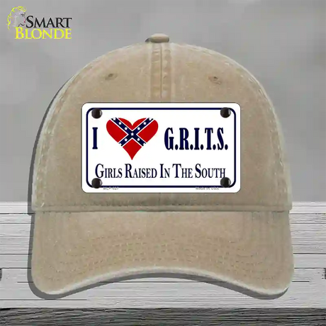 G.R.I.T.S. Confederate Flag Novelty License Plate Hat Unconstructed Cotton / Khaki