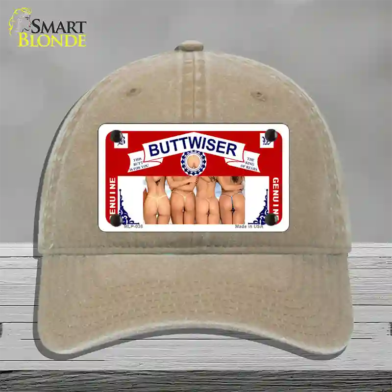 Buttwiser Beer Girls Novelty License Plate Hat Unconstructed Cotton / Khaki