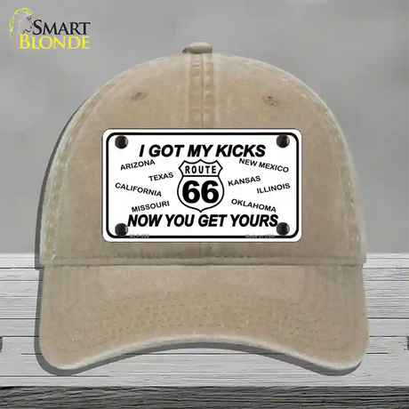 I Got My Kicks Novelty License Plate Hat Unconstructed Cotton / Khaki