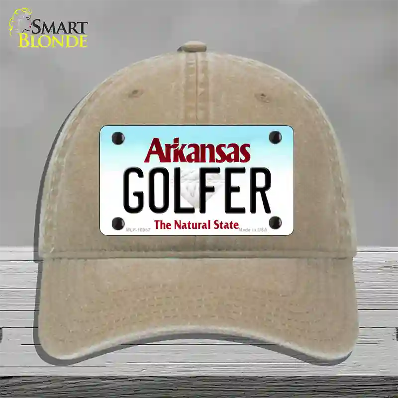 Golfer Arkansas Novelty License Plate Hat Unconstructed Cotton / Khaki