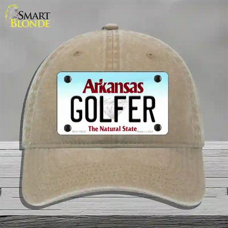 Golfer Arkansas Novelty License Plate Hat Unconstructed Cotton / Khaki