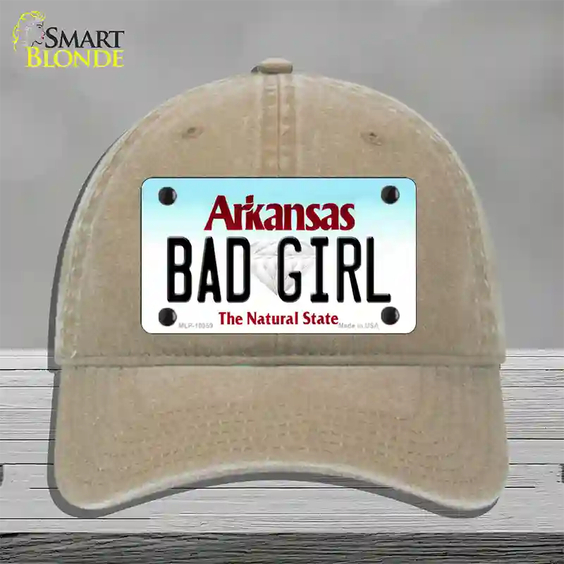 Bad Girl Arkansas Novelty License Plate Hat Unconstructed Cotton / Khaki