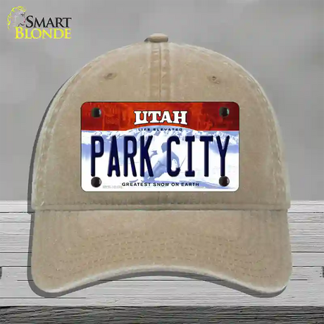 Park City Utah Novelty License Plate Hat Unconstructed Cotton / Khaki