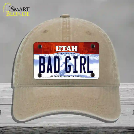 Bad Girl Utah Novelty License Plate Hat Unconstructed Cotton / Khaki