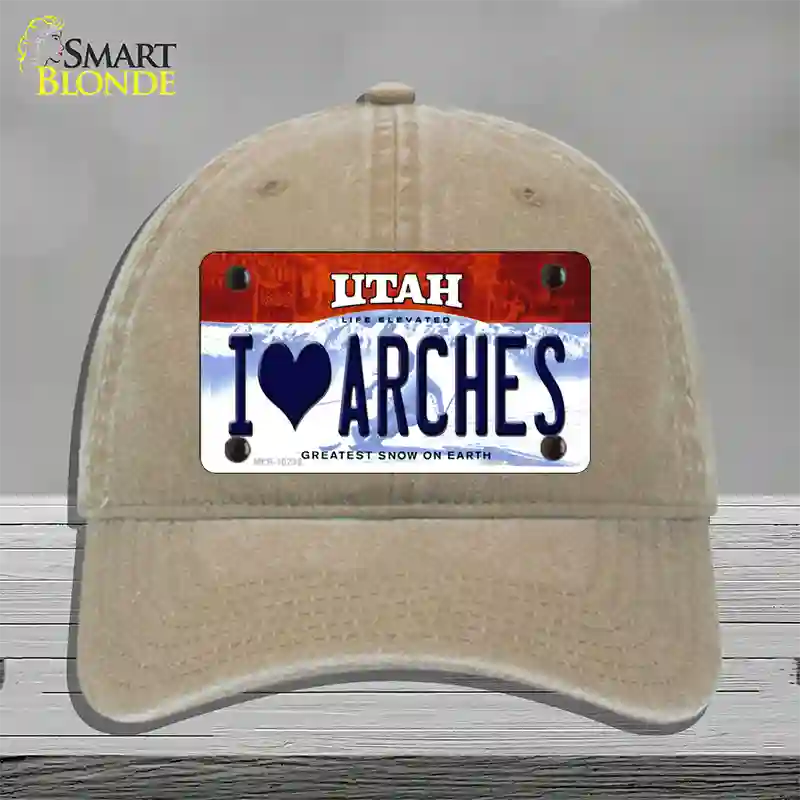 I Love Arches Utah Novelty License Plate Hat Unconstructed Cotton / Khaki