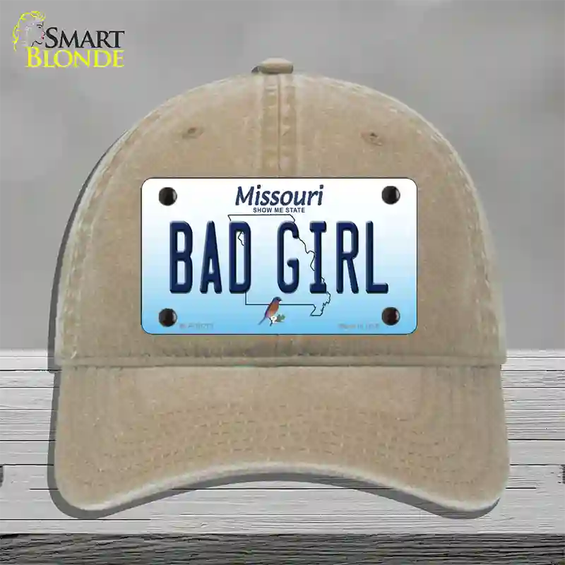 Bad Girl Missouri Novelty License Plate Hat Unconstructed Cotton / Khaki